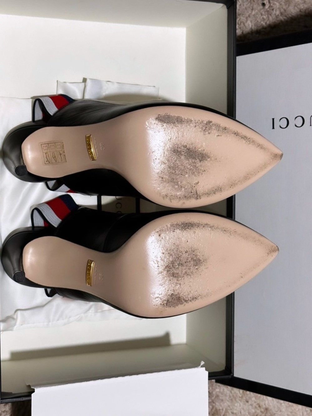 Gucci Black Leather Pointed Slingback Pumps with Red-Blue Striped Elastic - Picture 4 of 5